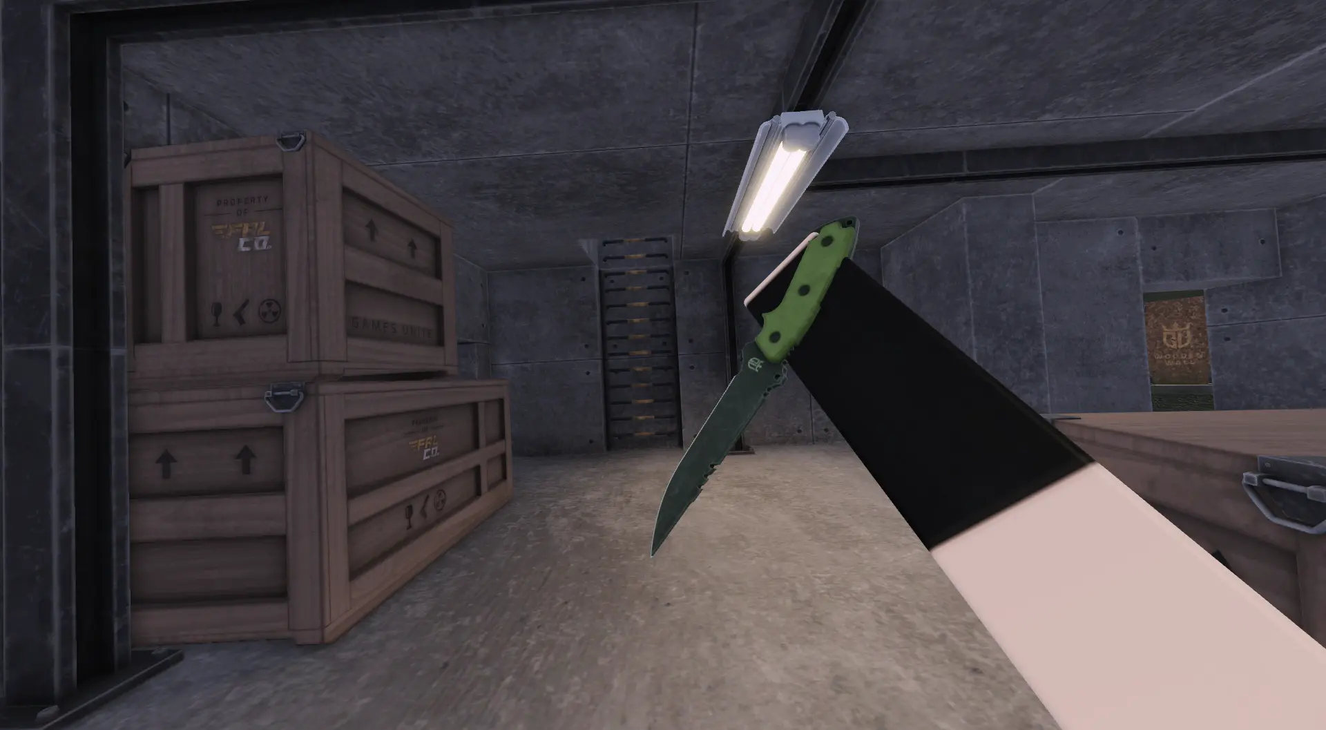 Games Unite screenshot. Robloxian arm holding up and inspecting a knife with a green handle. Dim lighting in a bunker with crates on both sides of the screen.