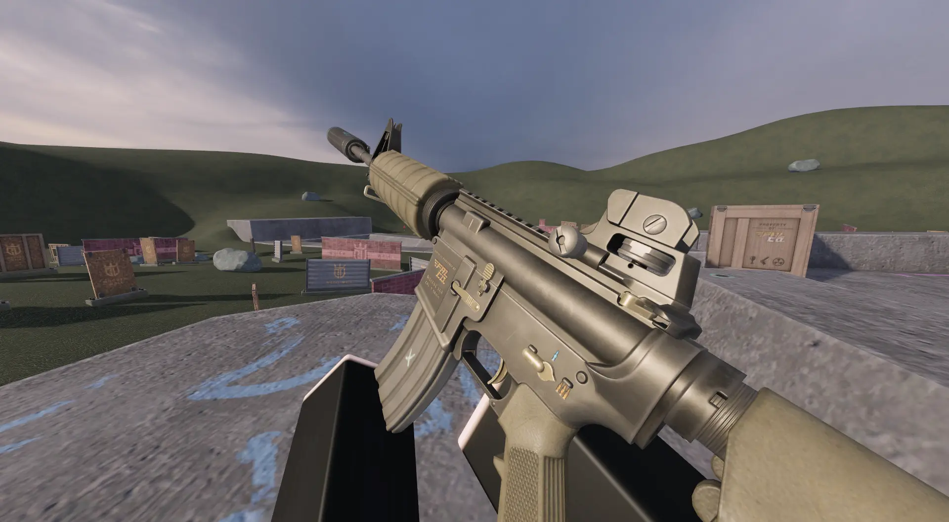 Games Unite screenshot. Robloxian holding a rifle pointed diagonally to the sky, looking at the left side of the rifle. Outside in bright lighting.